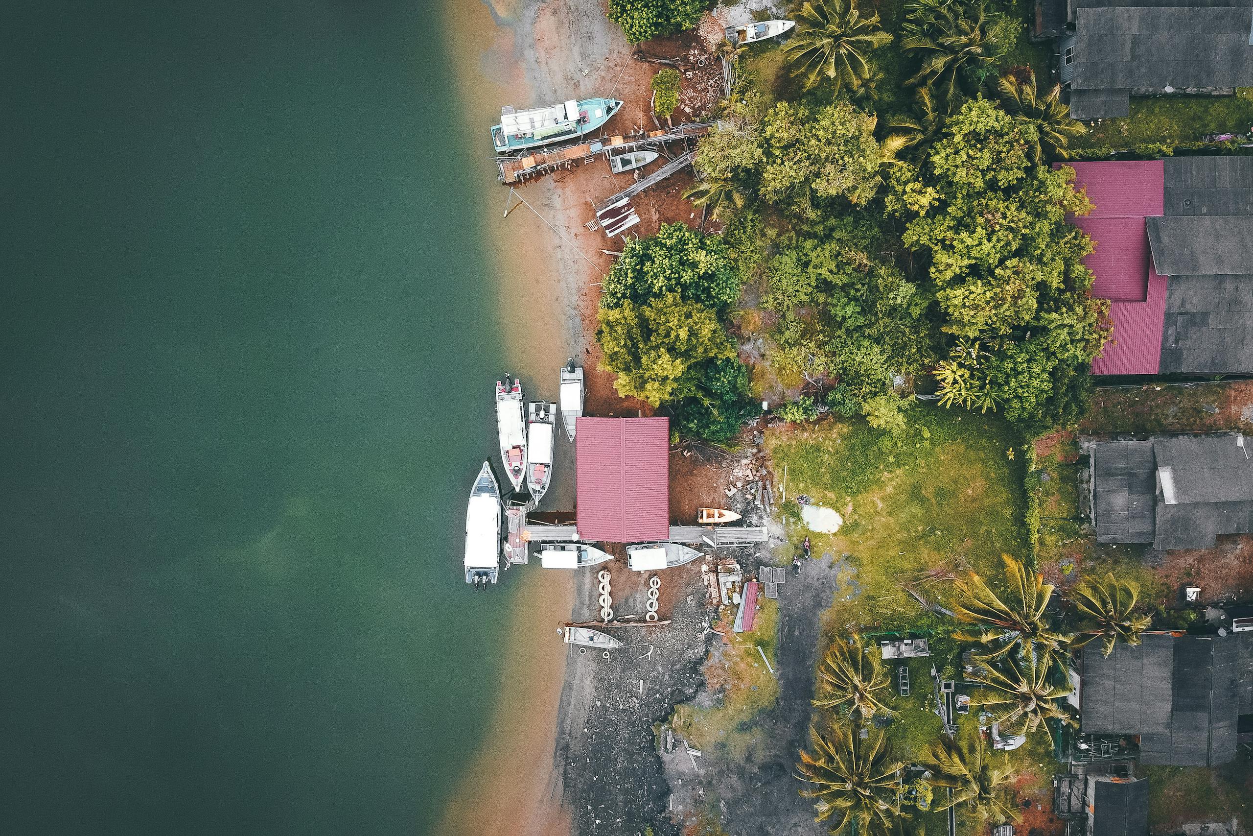 Picturesque aerial view of boats moored on sea near sandy coast surrounded by green tropical trees and typical houses